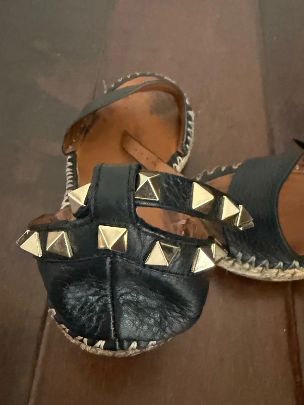 Valentino Garavani Black Leather Studded Espadrille Wedges